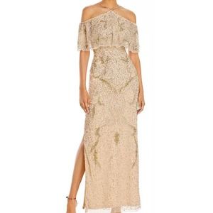 AIDAN MATTOX sz 4  light gold beaded cold shoulder maxi dress gown NWT $395 B85